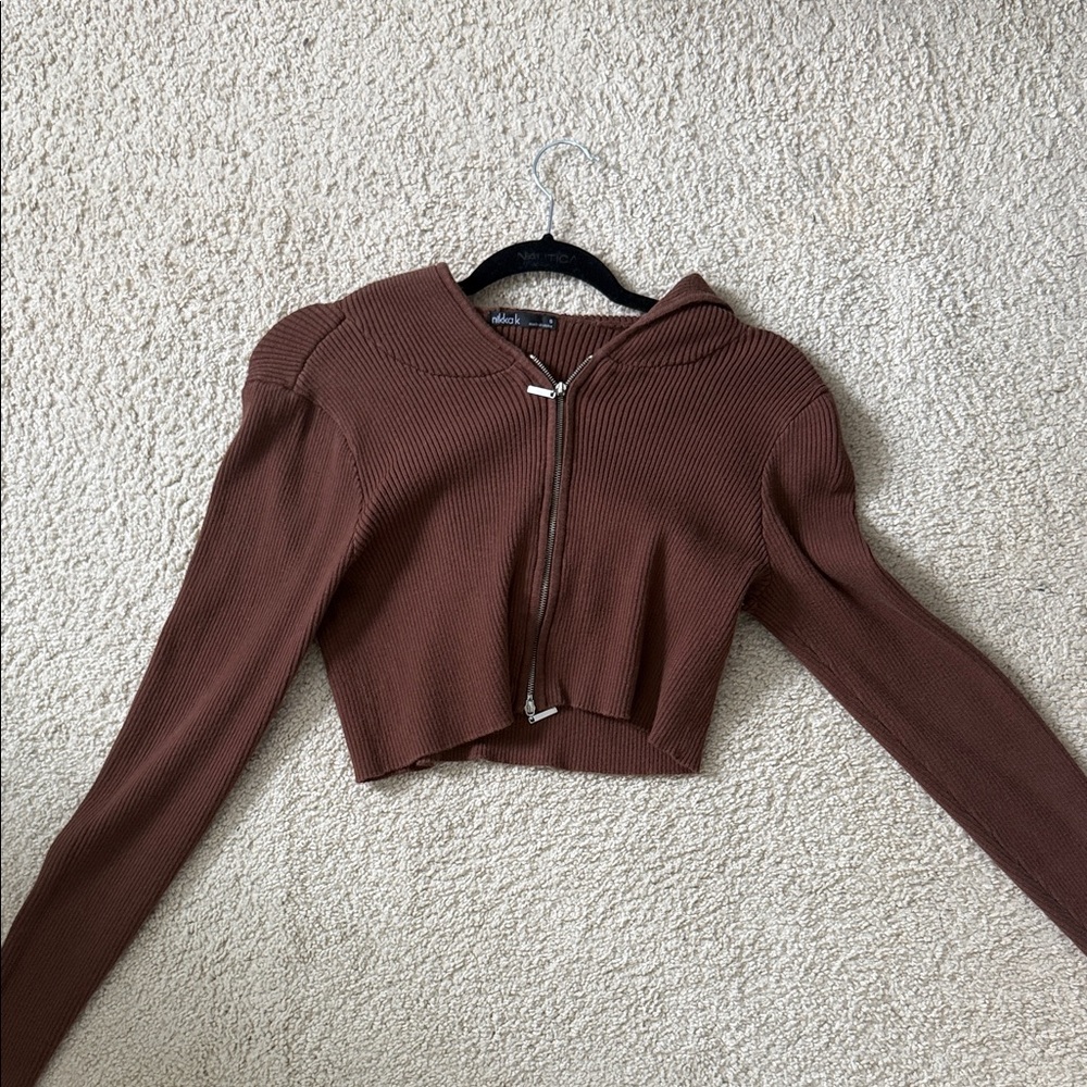Brown Ribbed Cropped Hoodie